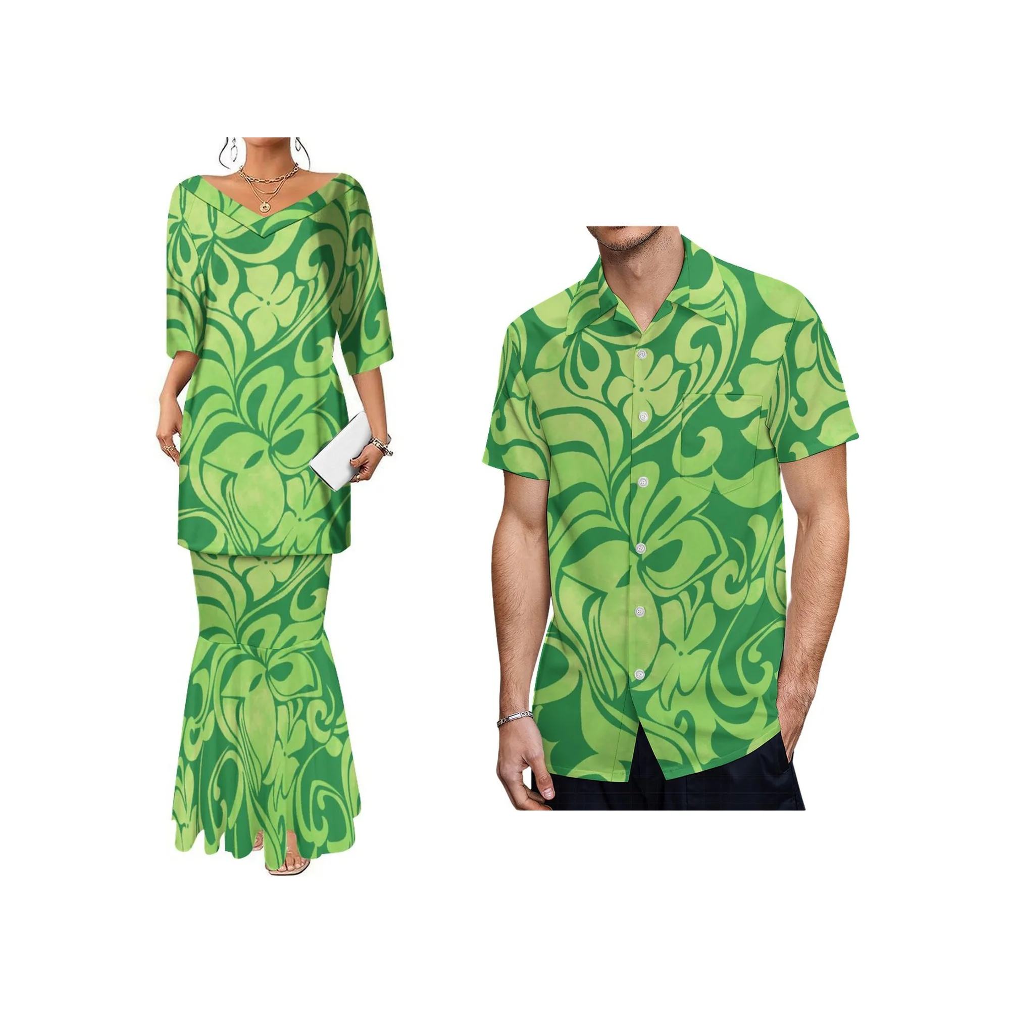 Dropshipping Customized 2 Pcs Fishtail Skirt and Top Set Dress Polynesian Tribal Design V Neck Half Sleeve Samoa Puletasi