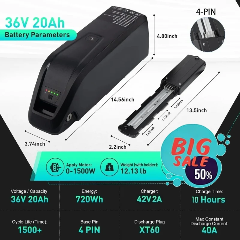 

New 4-Pins/5-Pins 36V 10/15/20Ah Rechargeable Lithium-ion Battery for Bafang BBS02 BBS03 BBSHD for Hailong High Quality Battery