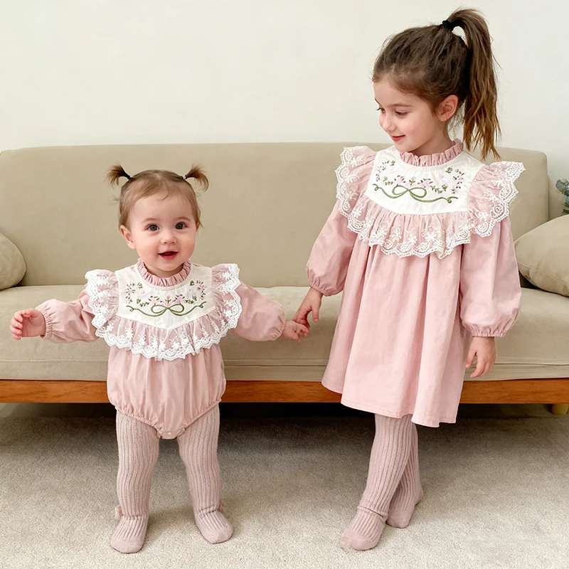 2026 neue Frühling Schwester Kleid 0-24M Baby Mädchen Stickerei Süße Strampler Kinder Prinzessin Lange Ärmeln Baumwolle 2-6Yrs Mädchen Party Kleid