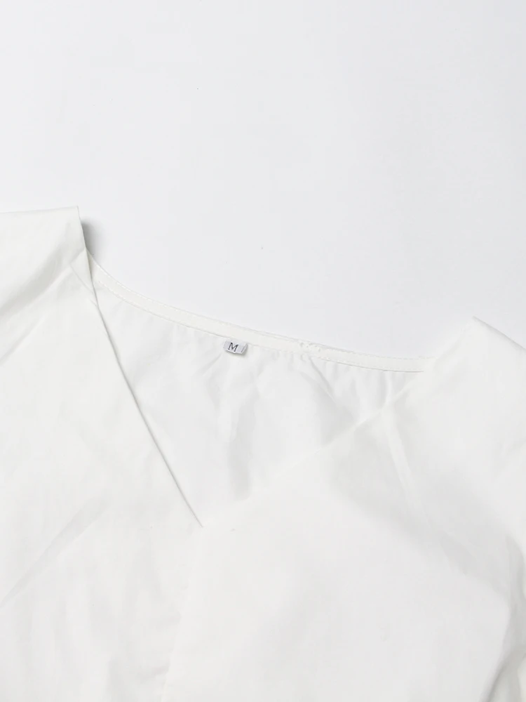 GYMAMAZES Folds Puff Sleeve Shirts For Women V Neck Irregular Hem Casual Slim Pullover Blouse Female Fashion Clothing 2023 New