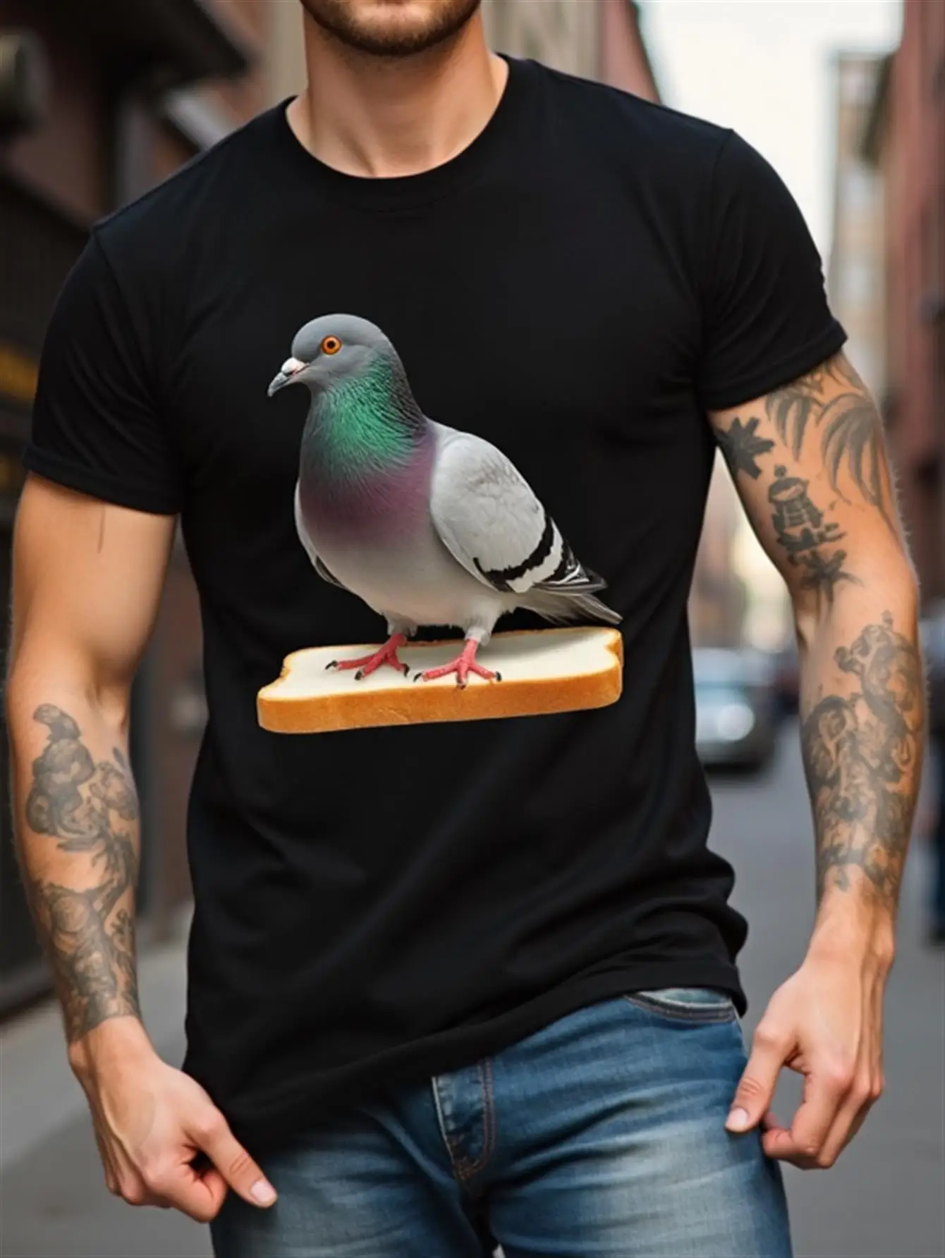 

T-Shirt with Realistic Bird and Toast Design, 100% Pure Cotton, Casual Short-Sleeve Crew Neck Shirt, Heat Transfer Printing, All-Season Comfortable Style Suitable for Everyday Wear and Funny Gifts, Black with Gray Dove, for Bird Lovers and Novelty Clothin