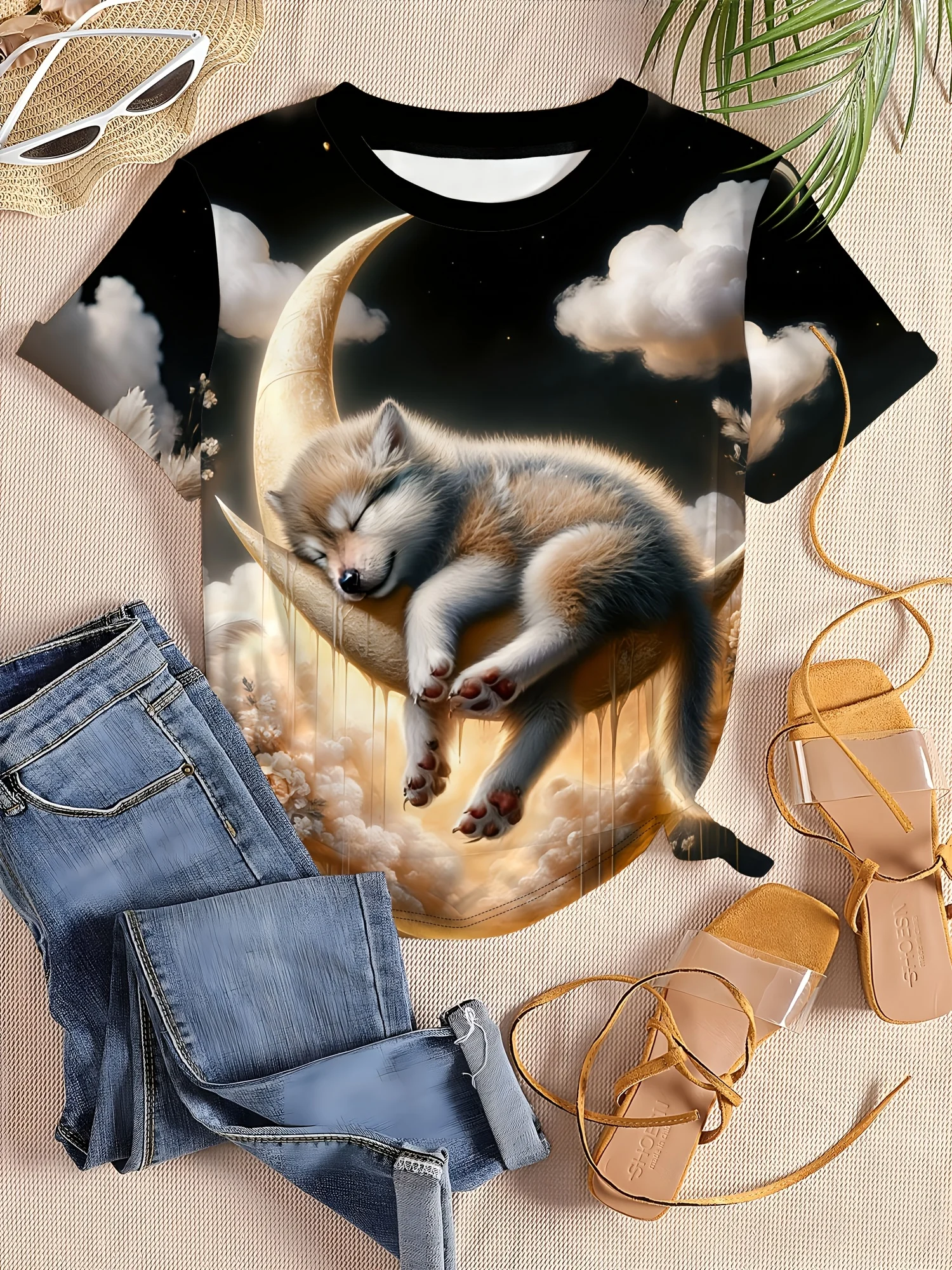 Women Crew Neck Short Sleeve T‑shirt Cute Sleeping Wolf Cub On Moon Cloud Floral Print Casual Daily Top