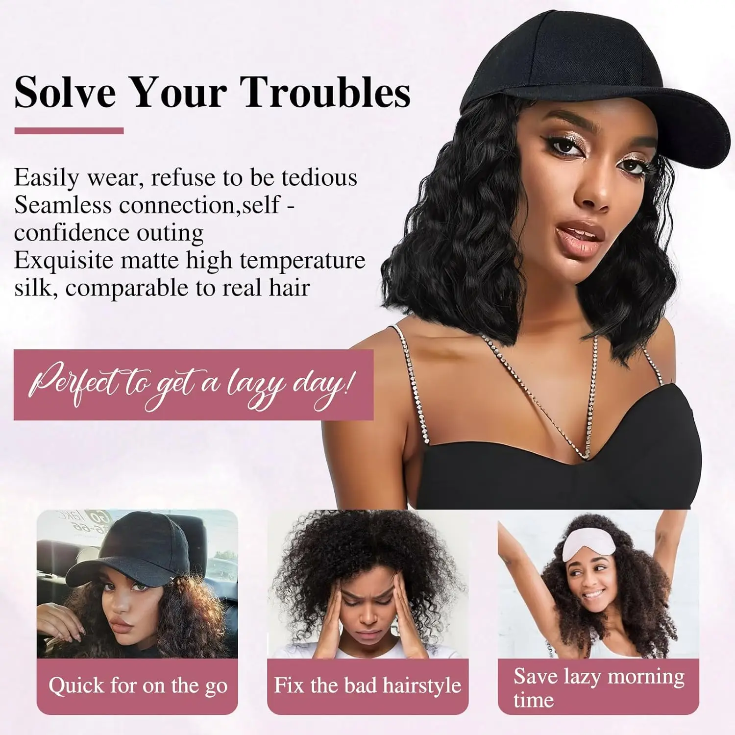 Hutperücke für Frauen, Perückenkappe mit lockigen Haarverlängerungen, Hut mit Haarwelle, verstellbare Baseballmütze, synthetische Perücken