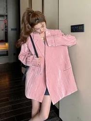 LANMREM Pink Blazers For Women Notched Long Sleeves Loose Big Size Female Korean Chic Coat 2024 Spring Autumn New 2DA3936