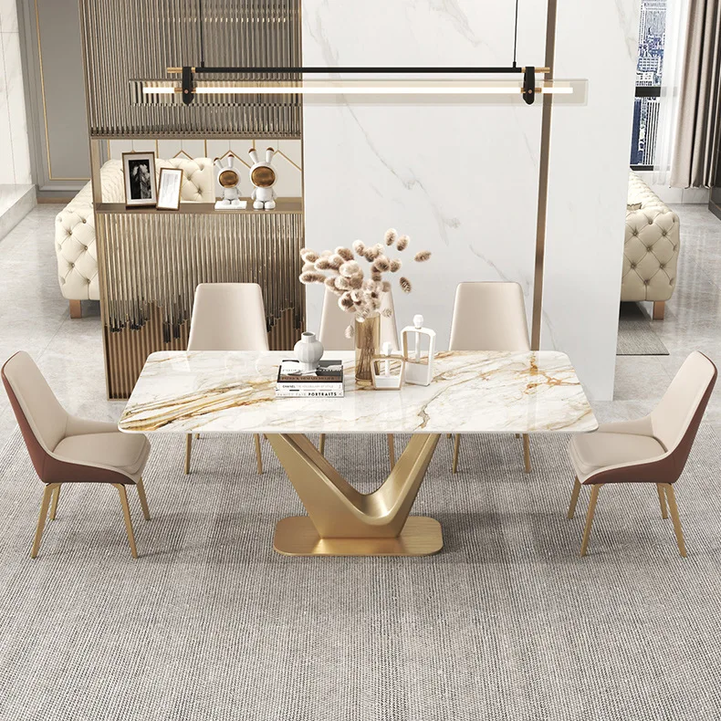 Italian Light Luxury Glossy Rock Plate Dining Table Chair Set Simple Modern Rectangular Household School Customized Dining