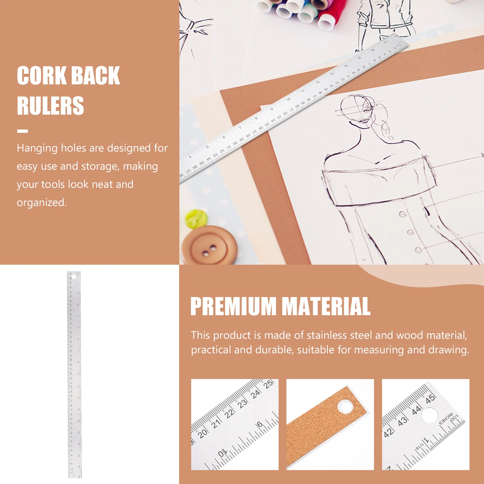 2 Pcs Metal Ruler Carpenter Cork Stainless Steel Student Rulers Bulk 3000X350X050CM Wooden Machinist