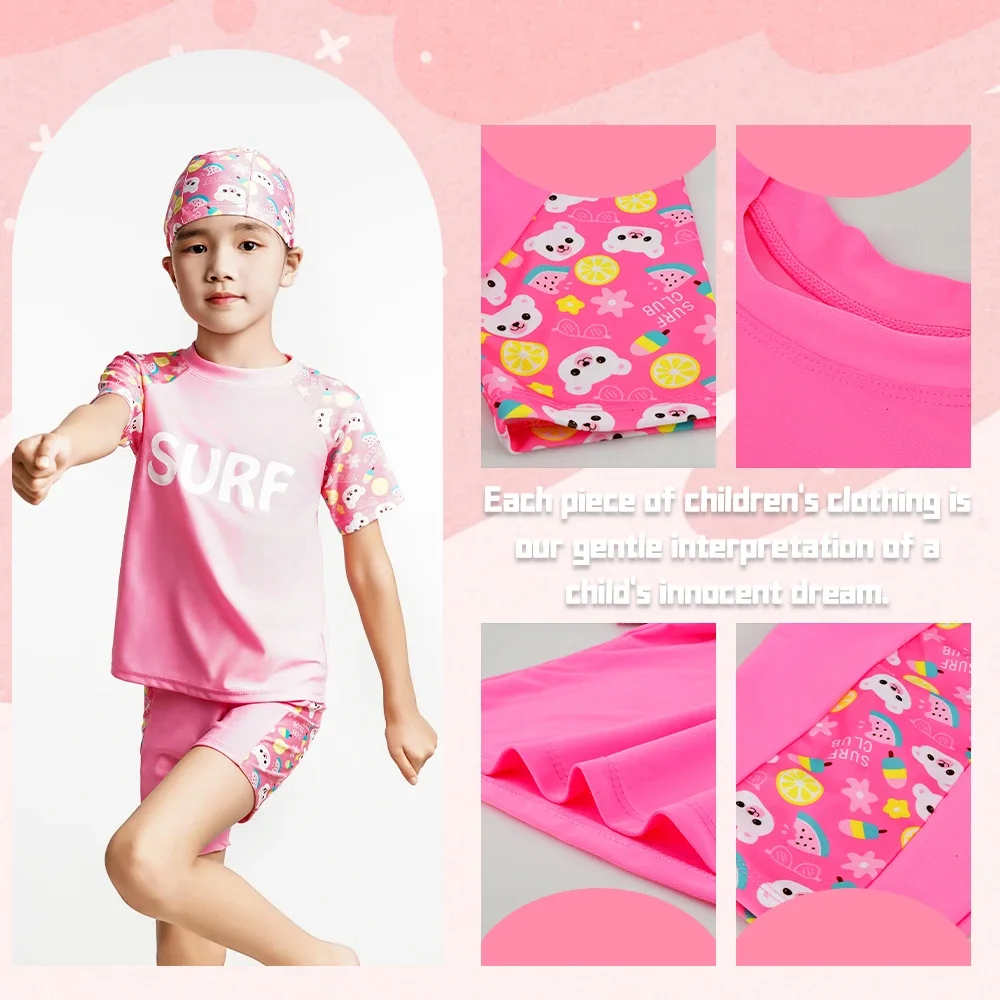 Children Girls Swimsuit Split Set Short Sleeve Cartoon Cute Bear Quick Drying 3 Pieces Beach Swimwear For Kids Age 5-16 Years