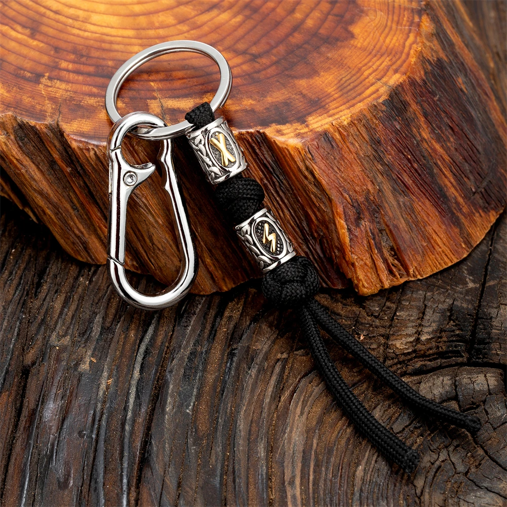 Men Viking Lanyard Keychain Stainless Steel Norse Rune Bead Woven Survival Rope Knife Car Keyring Pendant Retro Handmade Jewelry