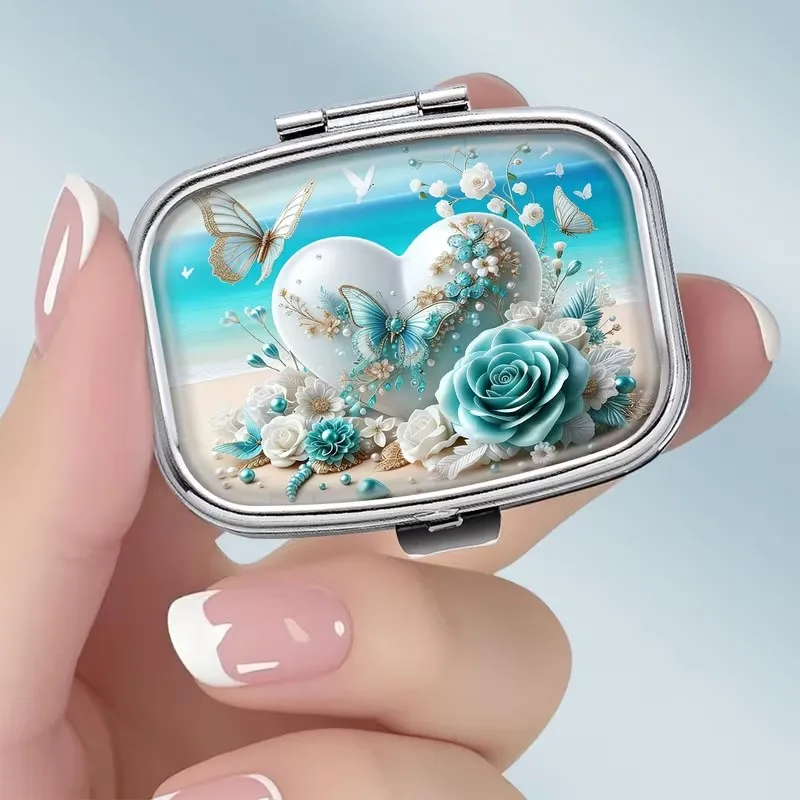 No import chargesLocal warehouse1pc Fresh Ocean Style Romantic Illustration Pattern Square 2-Grid Medicine Box - Portable Medicine and Vitamin Storage Box, Suitable for Handheld or Travel Use, Unique Pocket Size Gift, Wallet Medicine Box