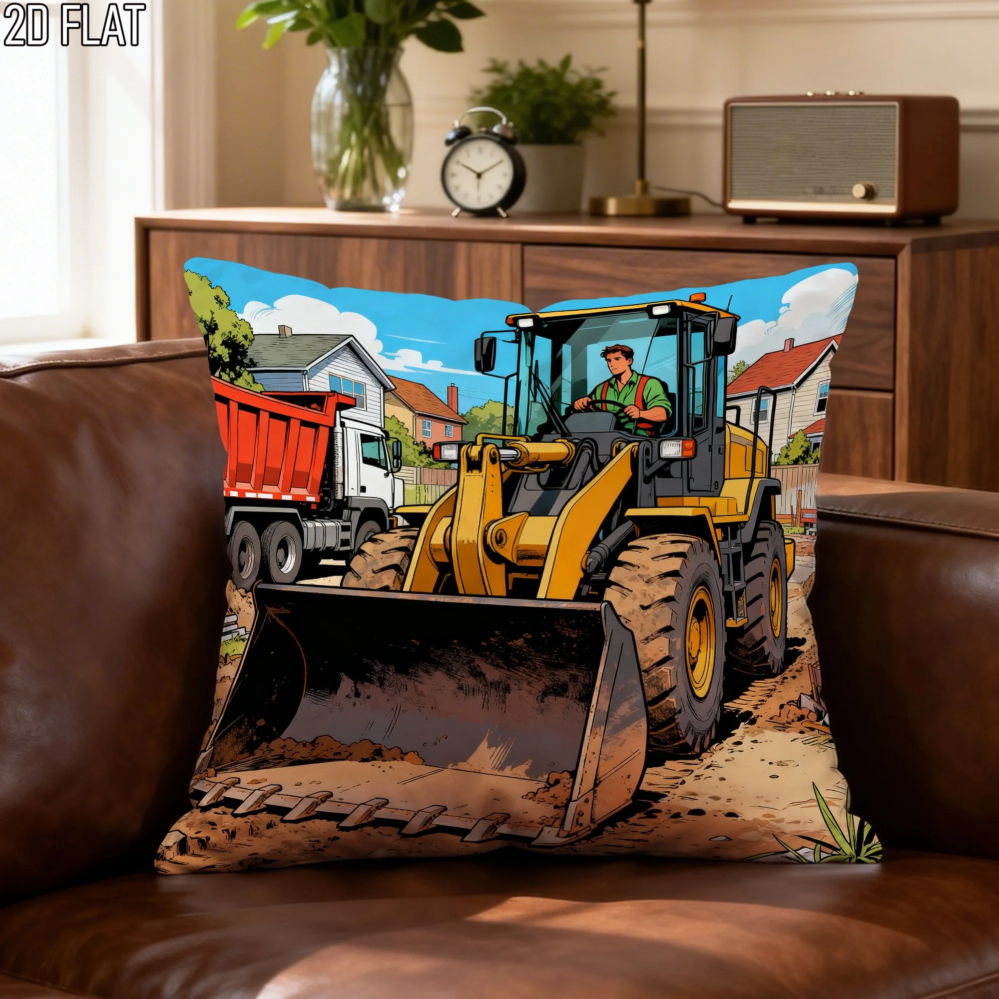 1pc 2D Flat (Pillow Not Included) Construction Bulldozer Truck Scene Cushion Cover Short Plush KidsVehicle DecorThrow PillowCase