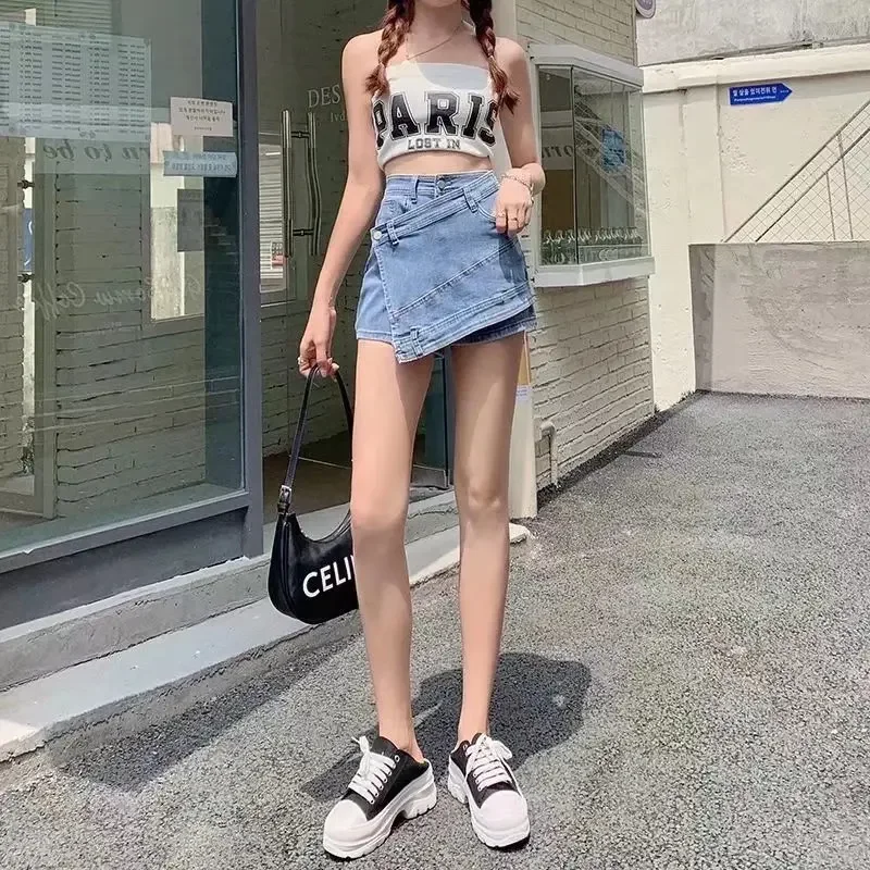 Fashion Women's Denim Skirt New High Waist Irregular Chain Spliced Gray Above Knee Skirts Female Tide Summer 2025 New