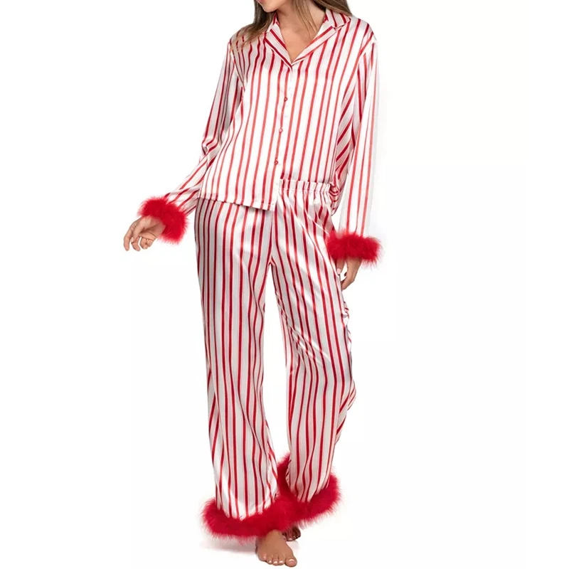 

Womens Silk Satin Striped Pajama Set Feather Trim Long Sleeve Button Down Shirt and Pants Cute Christmas Lounge Sleepwear