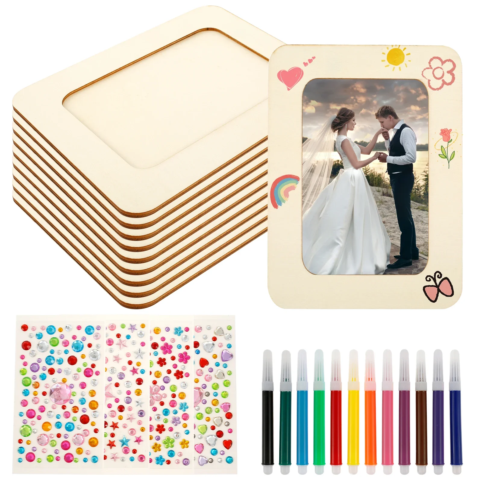 

Unfinished Picture Frame Painting Craft Kit DIY Wooden Photo Frame Paintable Picture Frame Kit Includes Stickers Colored Pencil