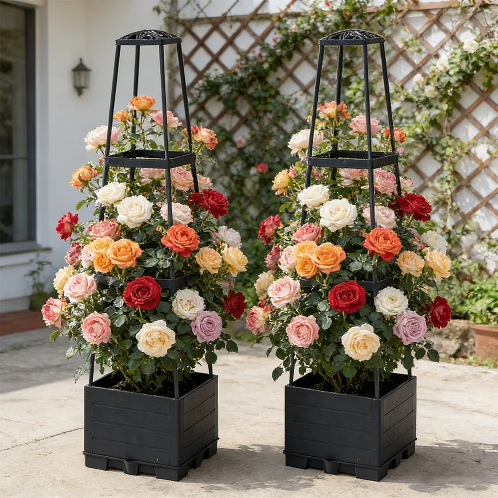 2 jardinières surélevées auto-arrosantes avec treillis, support pour plantes grimpantes (tomates, raisins, pois, roses), utilisation intérieure et extérieure, système de stockage d'eau et arroseur, applications multiples, construction robuste, montage facile, idéal pour balcon, terrasse, jardin