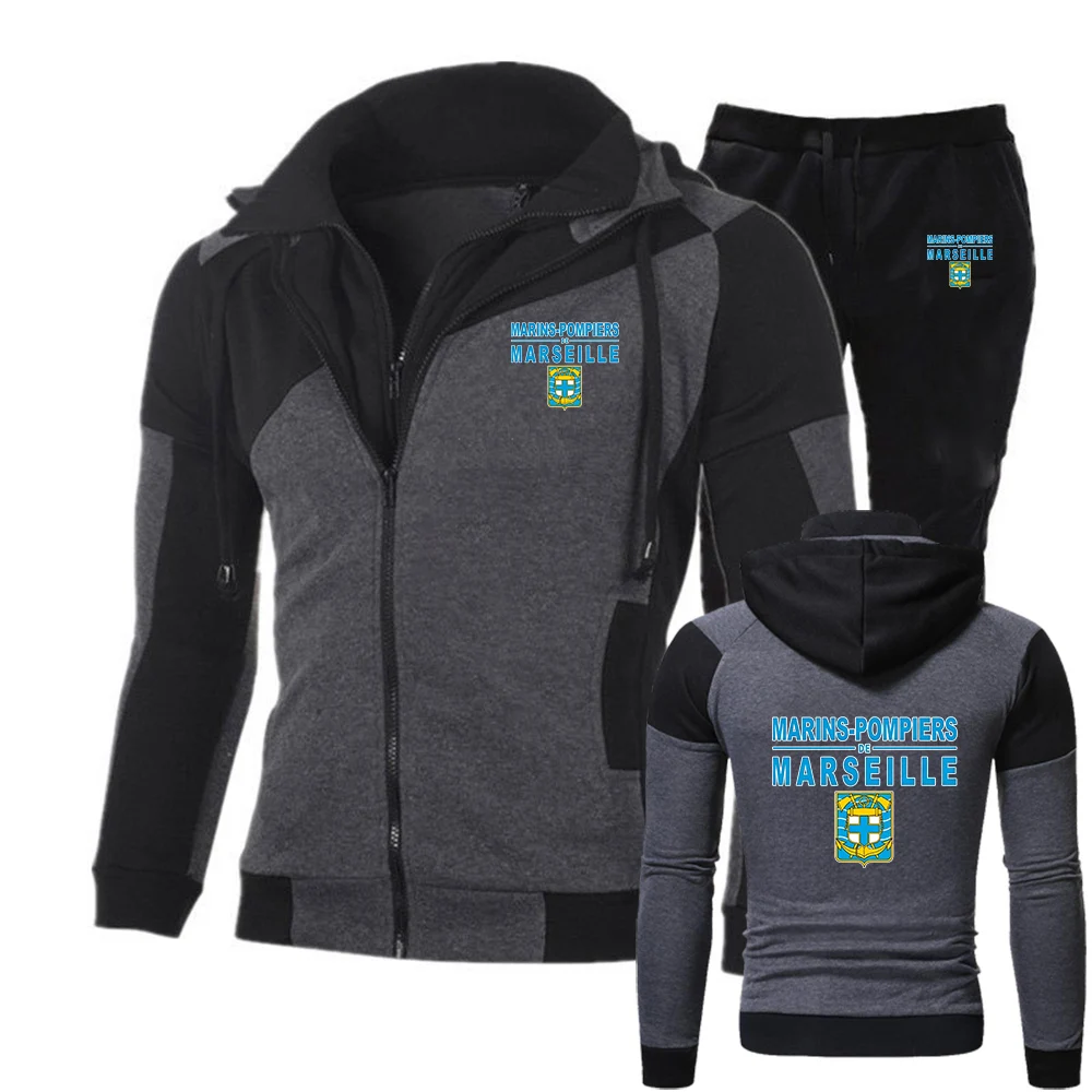 Marins Pompiers Marseille Naval Fire Battalion Men's Set Zipper Hoodie + Pants 2piece Set Autumn Daily Casual Training Jogging