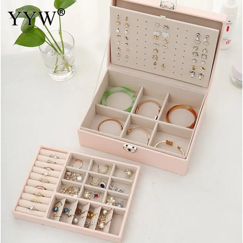 Jewelry Box Women Gift Large Leather Jewelry Organizer Storage Case With Two Layers Display For Earrings Bracelets Rings Watches