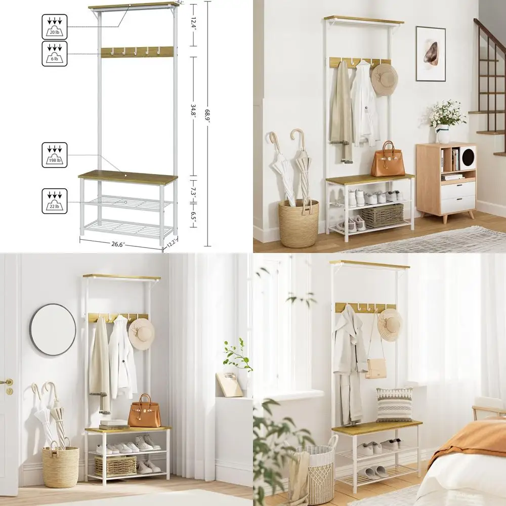 

Деревянная вешалка-стойка 3-в-1 с сиденьем, местом для обуви и вешалкой для одежды, белая