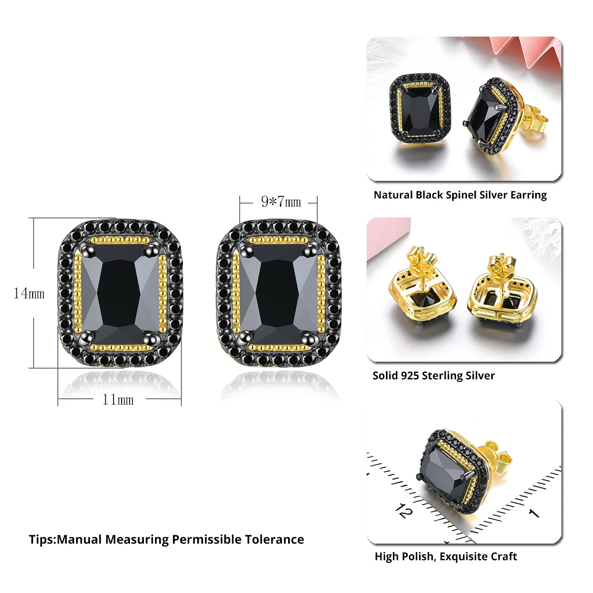 Natural Black Spinel Sterling Silver Yellow Gold Plated Stud Earring 5.8 Carats Genuine Gemstone Classic Unisex Origianl Design