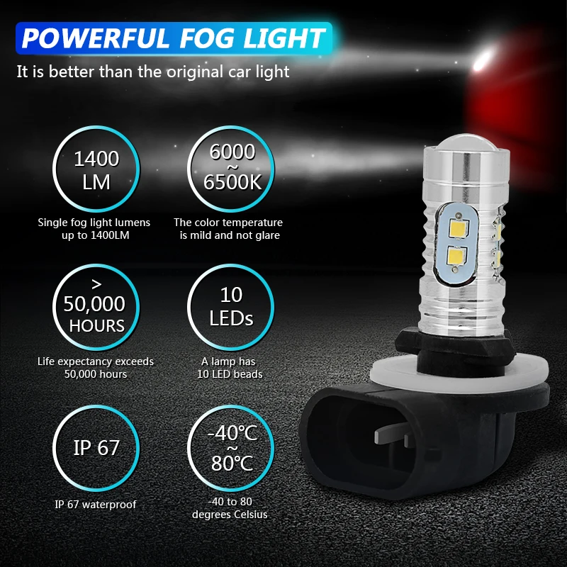 2Pcs H27 881 LED Car Fog Light Bulbs Day Running Light 12V 6500K White Lamp Waterproof Led