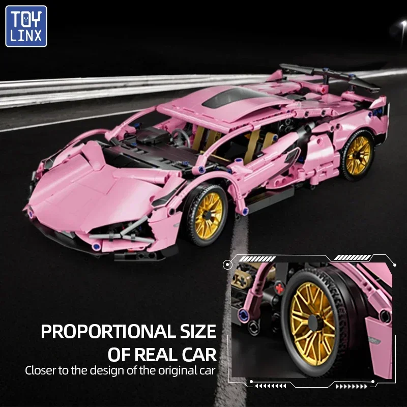 1314PCS Building Block Supercar Rosa Modello di auto sportiva Porte a forbice Ruota di metallo Giocattolo fai da te Kit di montaggio divertente per il regalo di auto da corsa per bambini