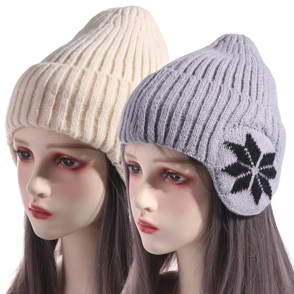 Simple Solid Color Ear Protection Wool Caps Earflap Plush Knitted Benines Warm Thickened Pullover Hat Female