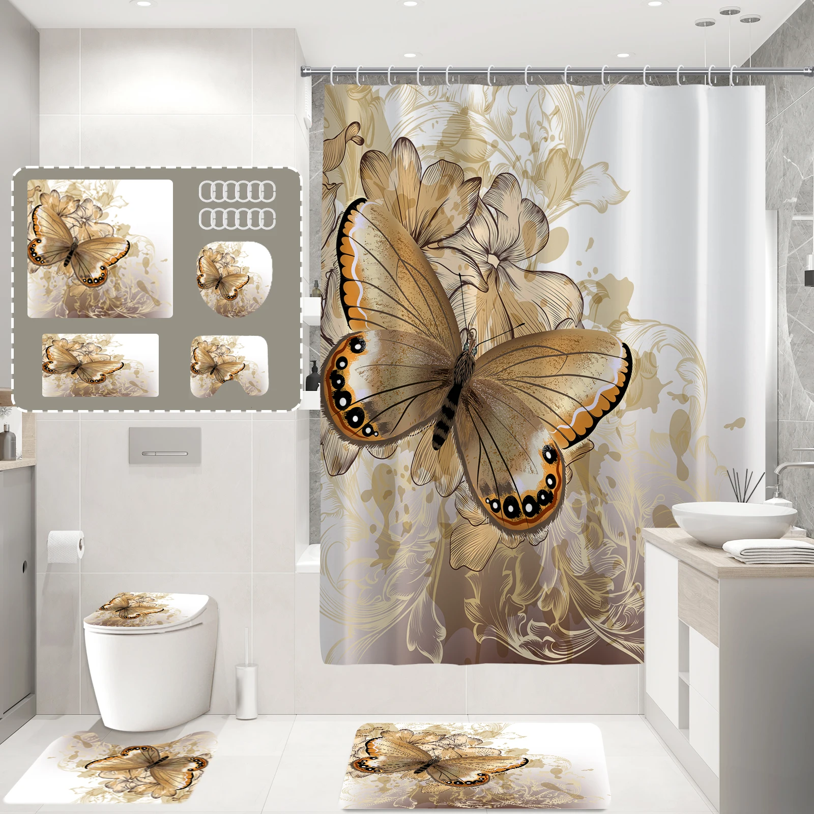 Colorful butterfly print shower curtain modern waterproof shower curtain polyester home décor bathroom curtain with hooks