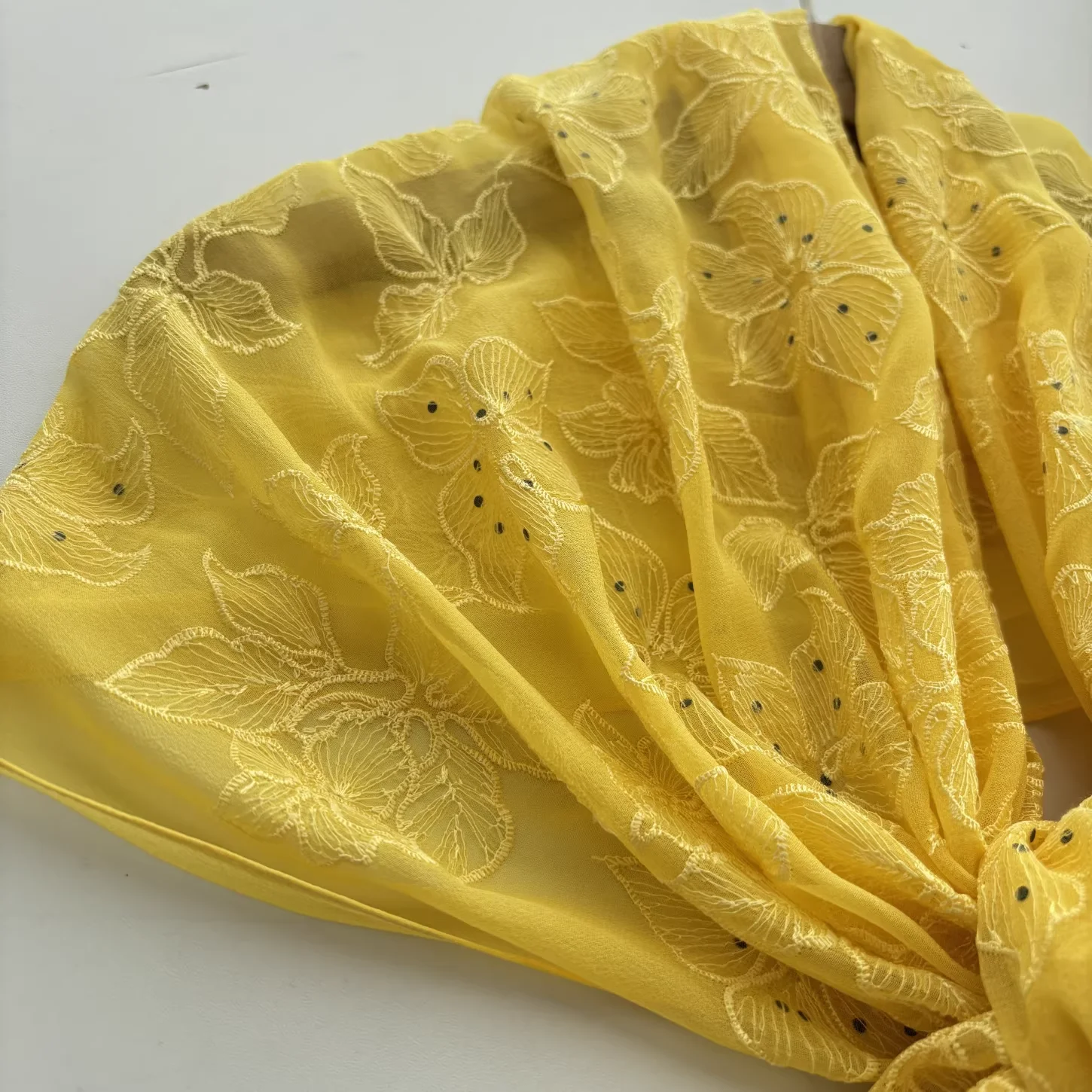 

100% Silk neck scarves woman headscarf hijabs spring vintage yellow handmade embroidered scarf elegant womens shawl