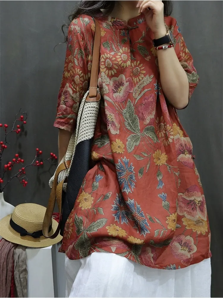

Female Stand-up Collar Button Loose Blouse Chinese Style Mid-length Shirt Dress Women 2025 Summer New Ramie Printed Vintage Tops
