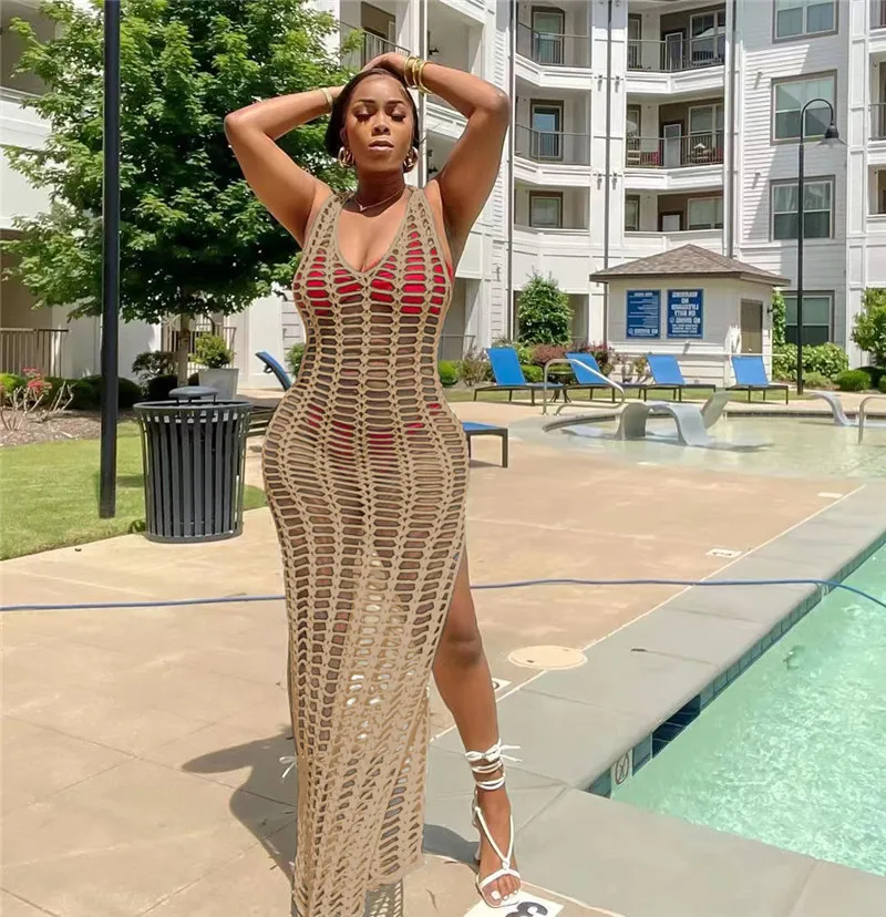 Robe d'été Maxi tricotée au Crochet pour femmes, Sexy, ajourée, sans manches, tenues fendues, transparente, vêtements de plage, bikini, Cover-Up