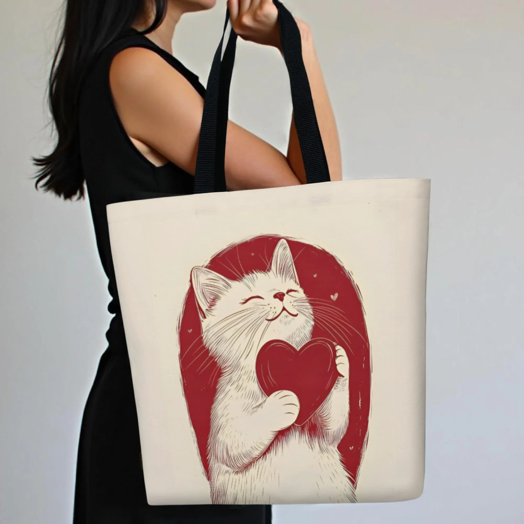 

1 шт., сумка-тоут в стиле ретро с сердечком и котенком, милая необычная сумка на плечо с животными, льняная эко-сумка с принтом, офисные многоразовые повседневные сумки для покупок