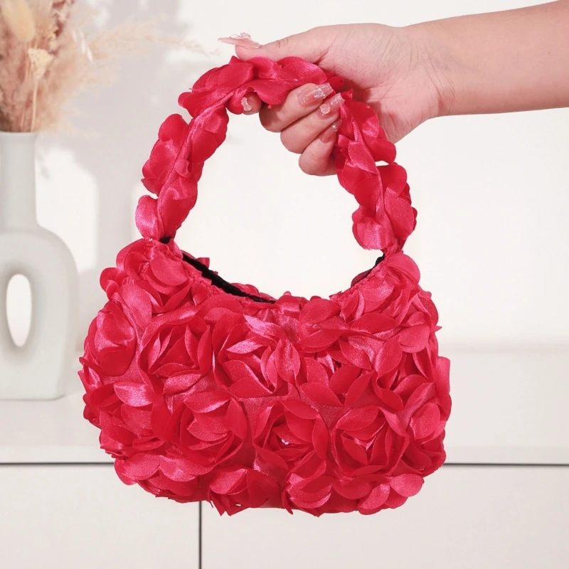 Bolso mano para mujer con satén 3D decoración floral rosas bolso noche con lentejuelas para bodas fiestas