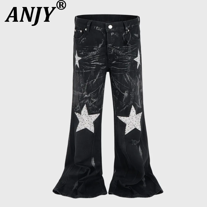 

ANJY Осенняя мода в стиле панк с пятиконечной звездой и бриллиантами, винтажные расклешенные джинсы, стильная уличная одежда, широкие брюки A10893