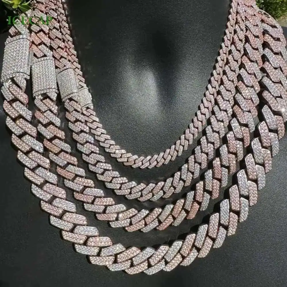 

Iced Out 2 Rows Moissanite Cuban Link Chain S925 Sterling Silver Two Tone Hiphop Diamond Cuban Link Necklace