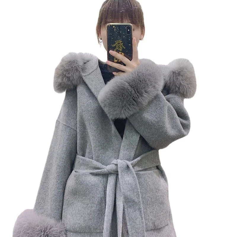 

2026 Autumn Winter Womens Coat Loose Double-Sided Wool Coat Real Fur Collar Hat Cashmere Belt Coat Women