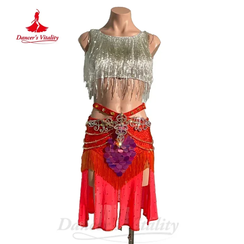 Latin Dance Performance Set Women's Customized Sexy Tassel Top+Sequin Short Skirt 2pcs Tango Samba Cha Cha Competition Outfit