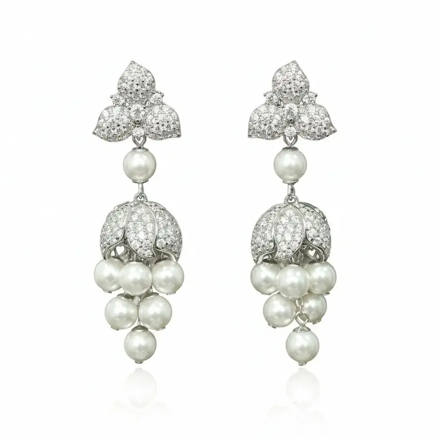 Vintage Flower Cluster Artificial Pearl Drop Earrings Elegant 925 Sterling Silver Fine Jewelry for Women's Birthday Wedding Gift