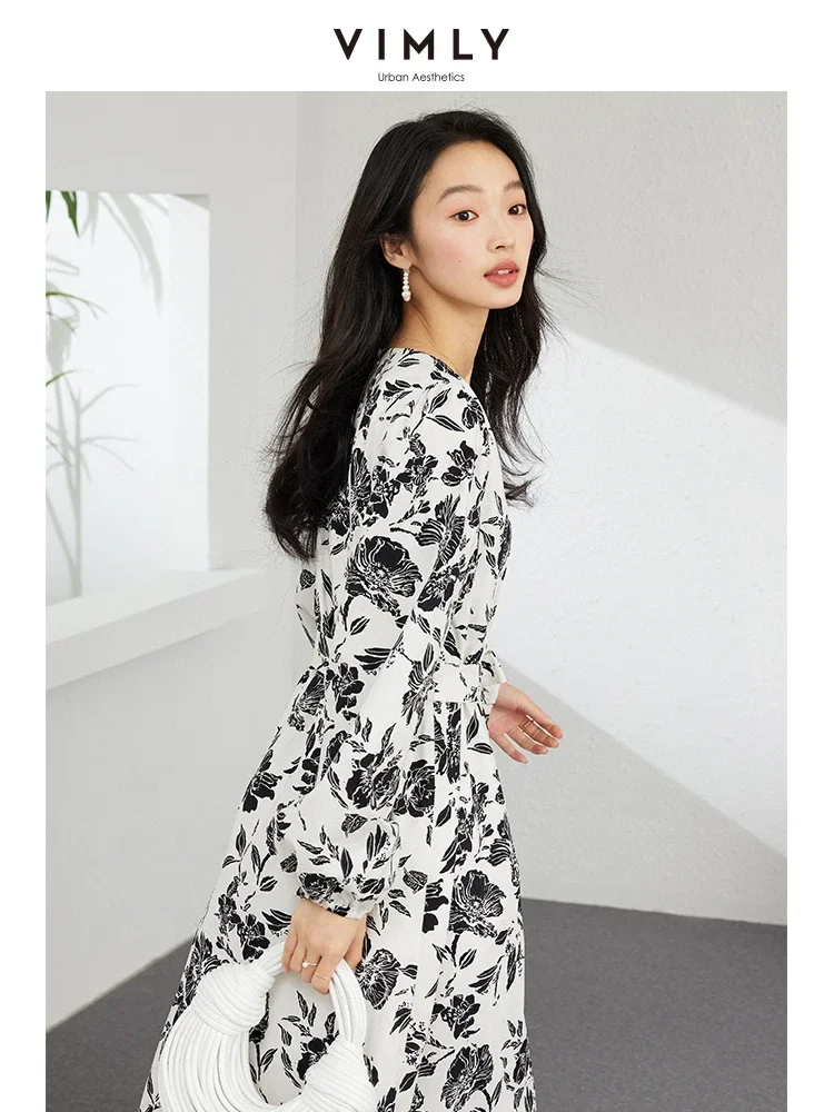 VIMLY Women\'s Elegant Tea Break French Style Dress Autumn New O-Neck Long-Sleeved Cotton Floral Dress Commuter Casual Dress