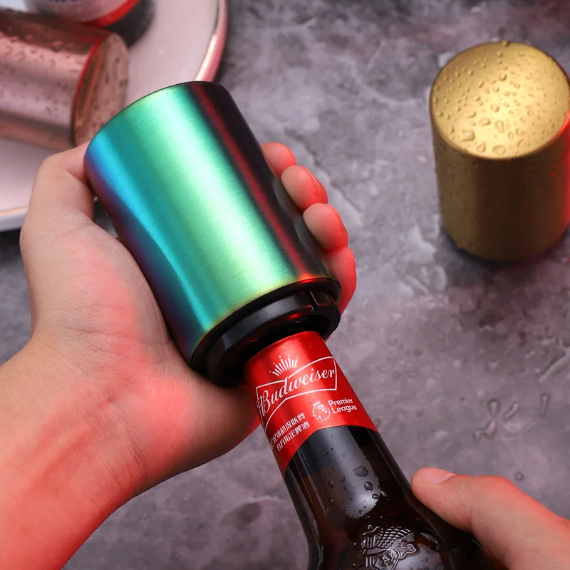 Portable Push Down and Pop Off Magnetic Cap Catcher ，Premium Stainless Steel Beer & Soda Bottle Opener，Push & Pull Design