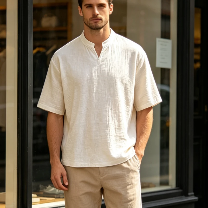 Lässiges Leinenhemd für Herren Sommer Henley-Ausschnitt Strand Kurzarm Einfarbig Herren-Oberteil T-Shirt Vintage Streetwear Männerkleidung