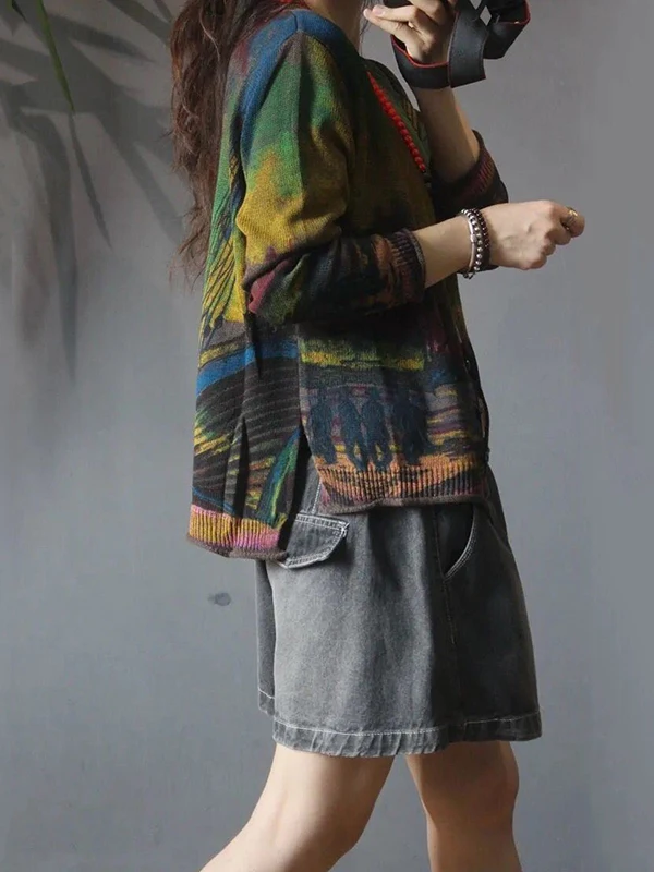 سترة نسائية محبوكة مريحة على شكل حرف V لخريف 2025 سترة طويلة Sve ريترو فنية مطبوعة ملابس خارجية فضفاضة تناسب Faionable #5