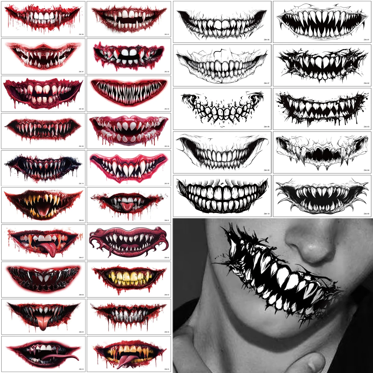 

10pcs Waterproof Face Tattoo Stickers for Halloween Terrible Big Mouth Fake Tattoo for Women Men Face Makeup for Saints' Day