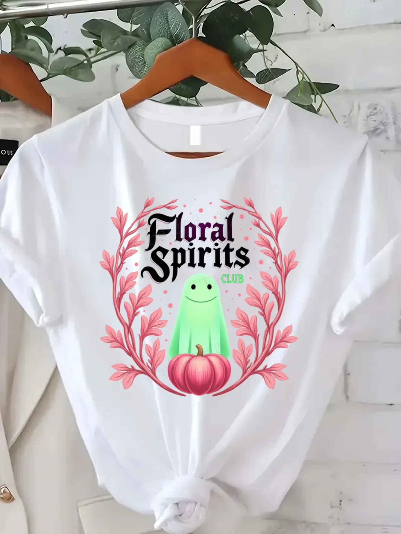 

Round Neck T-shirt Floral Spirits Club Halloween Ghost Pumpkin T-Shirt Women Plus Size Short Sleeve Tee Fashion Casual Top