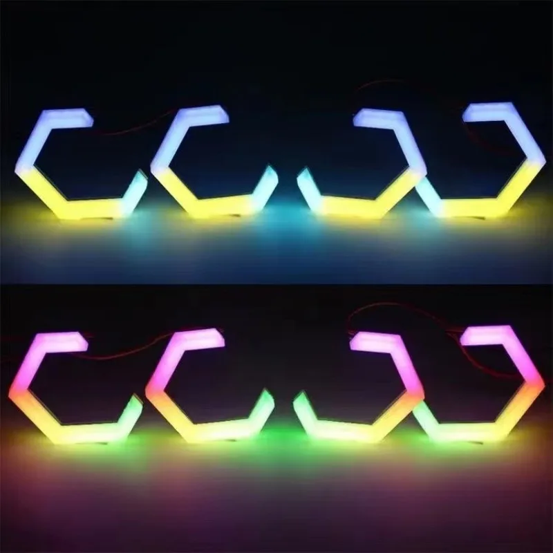 2X RGB APP Controls Hexagonal Angel Eye Aperture 80/70/90MM LED Car Motorcycle White Daytime Running Light Amber Turn Signal