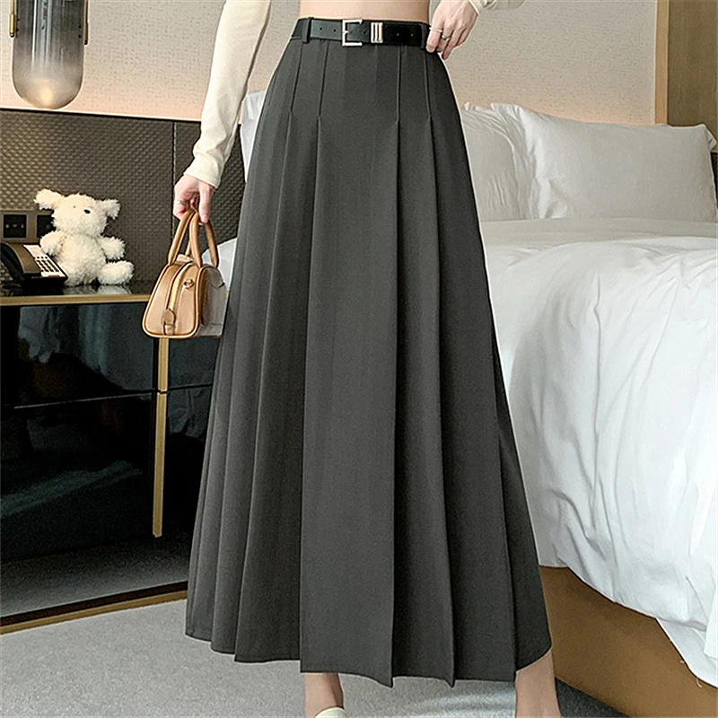 Seoulish Autumn New Women\'s Pleated Skirts 2024 Vintage Solid Color High Waist Casual Mid Length Women\'s A-line Skirts Female