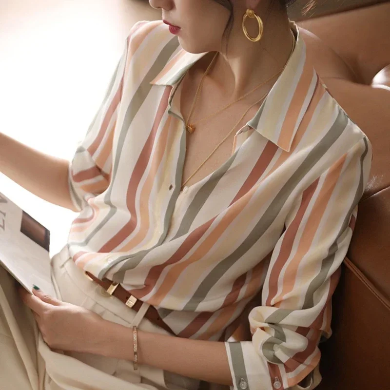 

Stripe Women Shirt Satin Vintage Shirt for Women 2025 Autumn Clothes Korean Fashion Shirts and Blouses Basic Elegant Womens Tops