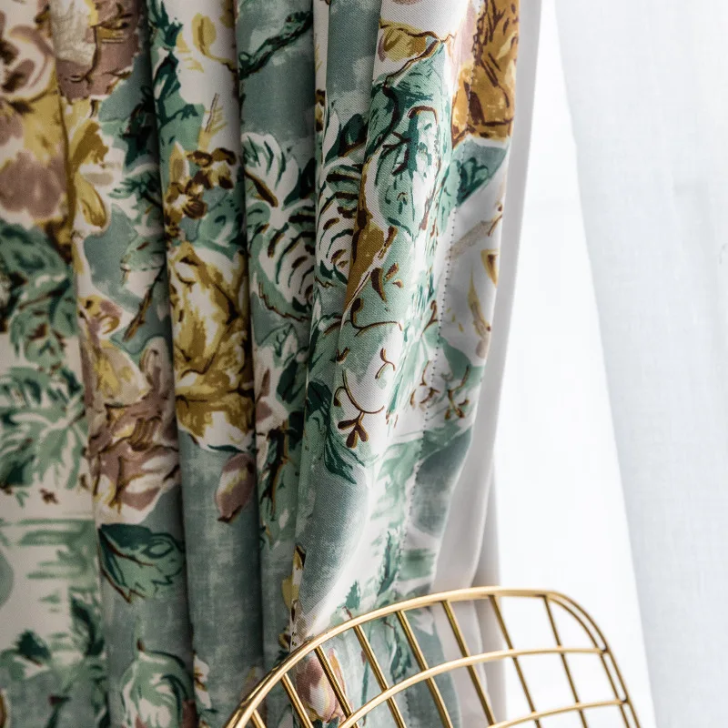 Vintage Botanical Floral Drapes, Pinch Pleat Sage Green Room Darkening Curtains with Sheer Voile, Blackout Window Panels Bedroom