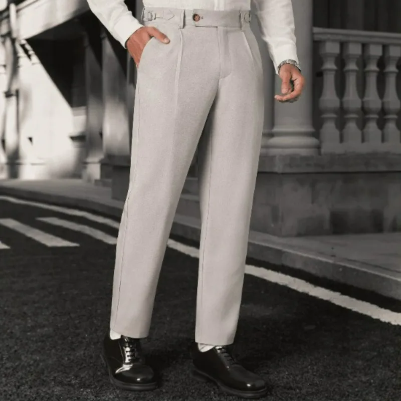 

KIDWHXR Man Suit Pant British Style Pleated Solid Breathable Male Trousers Loose Straight Mid Waist Business Casual Men Pant