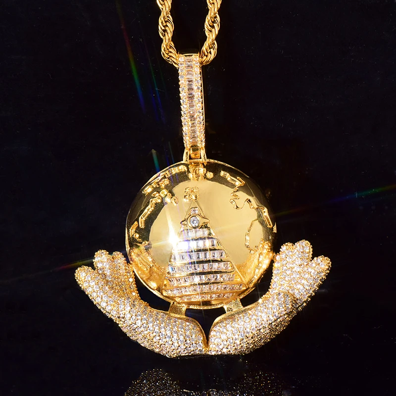 

Хип-хоп 3A + CZ Stone Paved Bling Iced Out Hand Holding The Earth Подвески Ожерелье для мужчин Ювелирные изделия в стиле рэпер