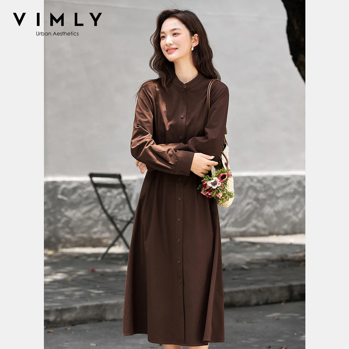 

VIMLY Long Dresses Woman 2025 Autumn Vintage Brown Round Neck Women Dress Elegant Sashes Female Dresses Ladies Clothing A2792