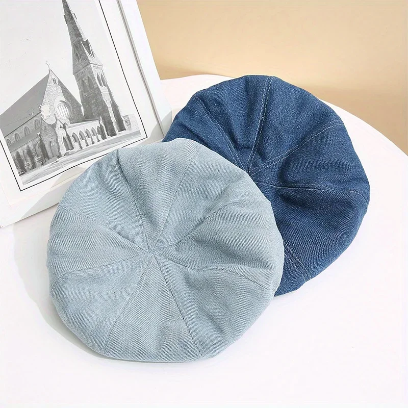 

Women Washed Denim Beret Cap Octagonal Brimless Sun Hat Vintage Style Metal Decoration For Outdoor Leisure Daily Shading Use
